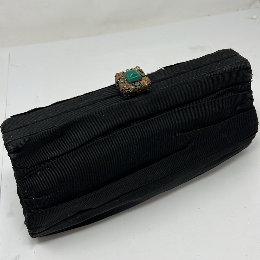 Vintage 1920’s Fabric Cabochon Emerald Clasp Structured Clutch Bag